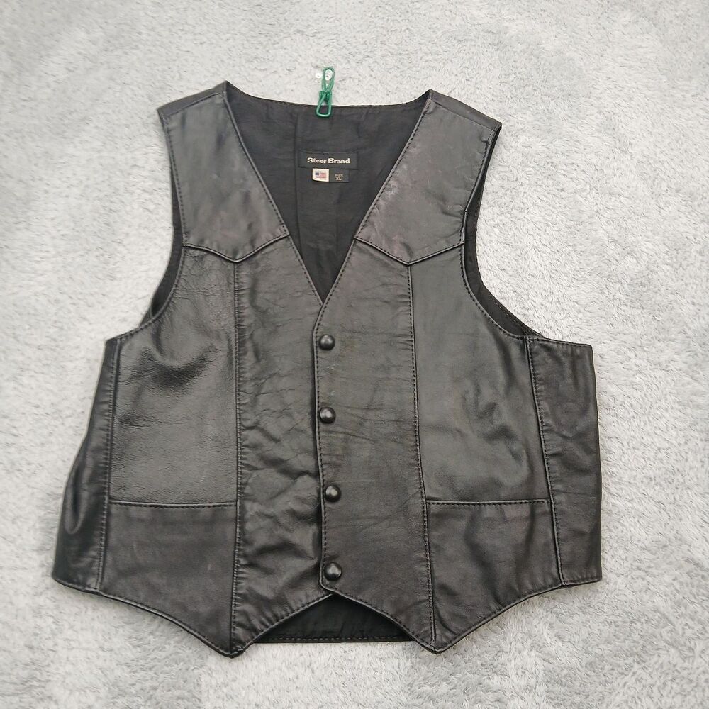 Steer Brand Men's XL Black Leather Vest Button Front Biker Motorcycle Western